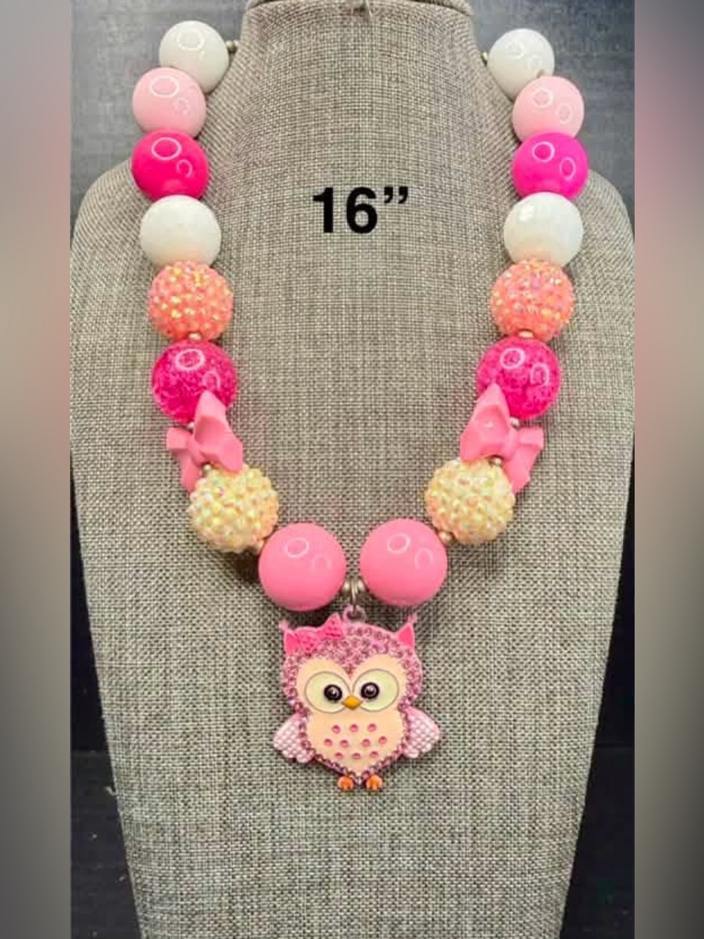 191. Pink Owl Bead Necklace for Kids - Cute Pink Pendant
